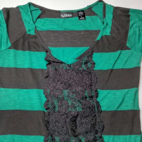 Vintage Y2K Daytrip Shirt Medium Green Black Strriped Deep V Neck Slim Lace Trim - Picture 12 of 14